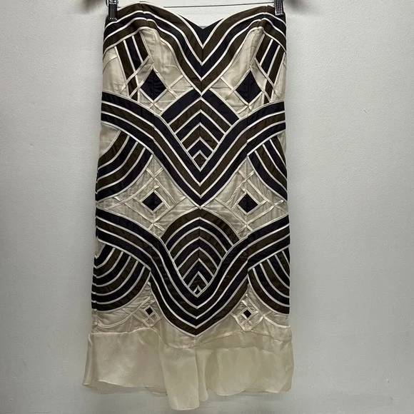 Carolina Herrera Dress Strapless Midi Silk Striped Brown Cream Size Large * - Picture 2 of 8